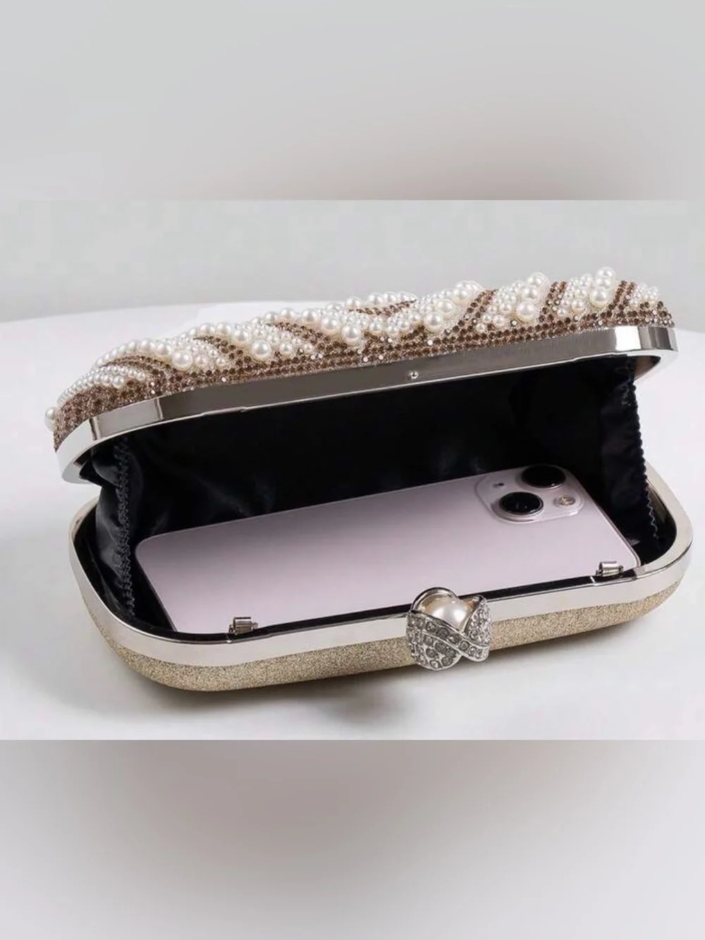 Pearl & Crystal Embellished Clutch - Champagne